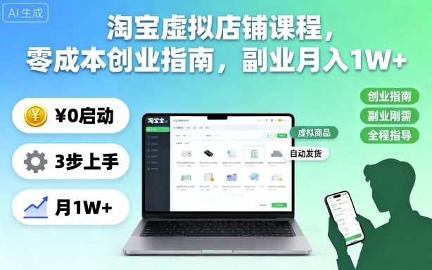 淘宝虚拟店铺课程，零成本创业指南，副业月入1W+-小妖精资源网